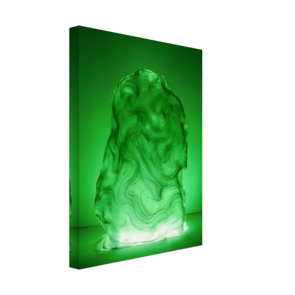 Glowing green sculptural form with fluid marbled swirls rises like illuminated jade, blending movement, mystery, and organic elegance.