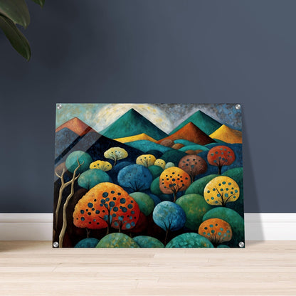 A surreal landscape painting of a lush valley filled with vibrantly colored trees in shades of blue, orange, yellow, and green, with layered mountains in the background under a cloudy sky.