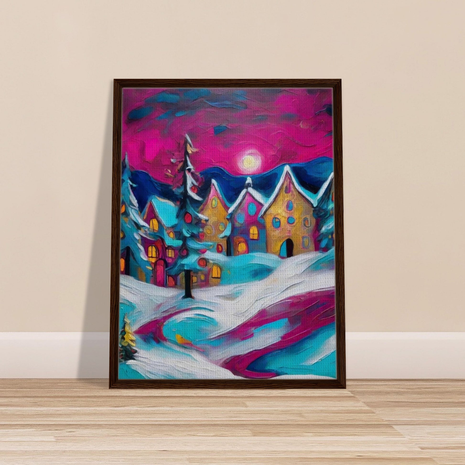 A colorful winter village scene with glowing houses, snow-covered trees, and a vibrant magenta sky illuminated by the moon.