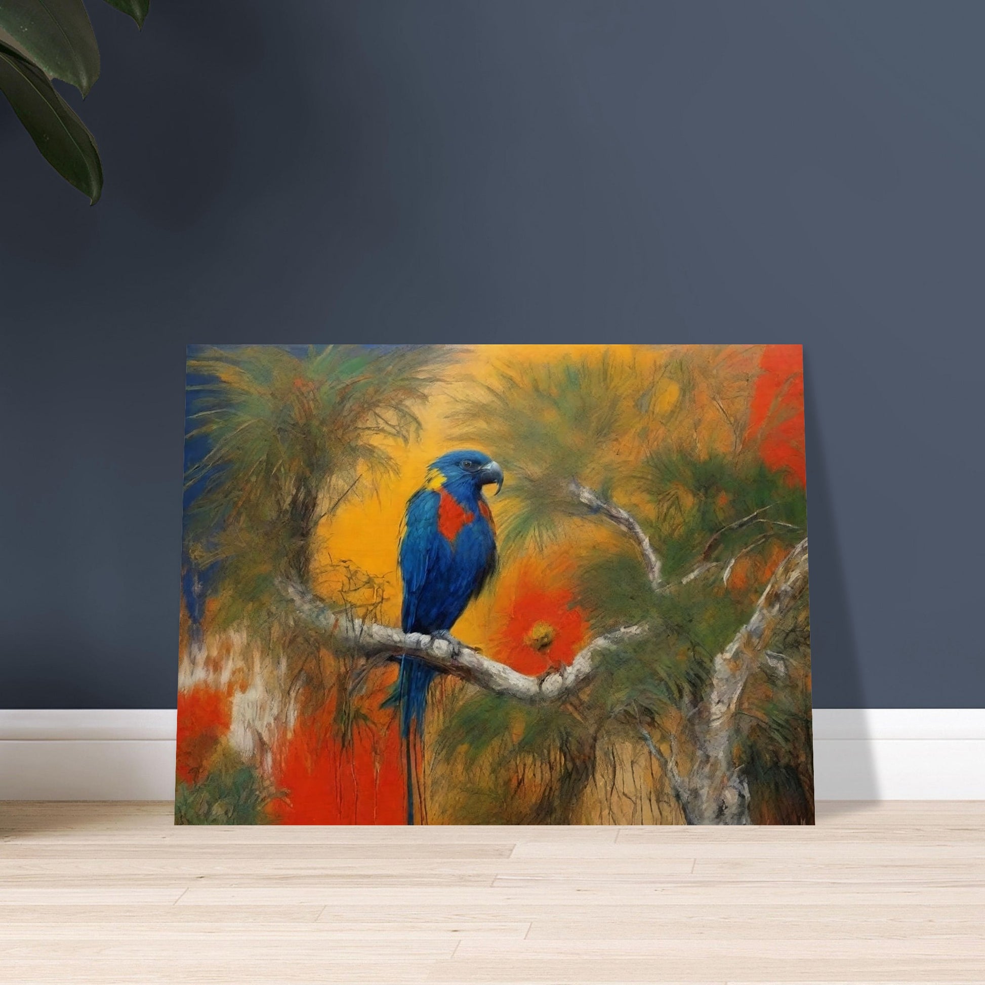 "A vibrant painting of a parrot with blue, red, and yellow feathers perched on a branch, set against a lush, tropical backdrop with rich orange and green hues."