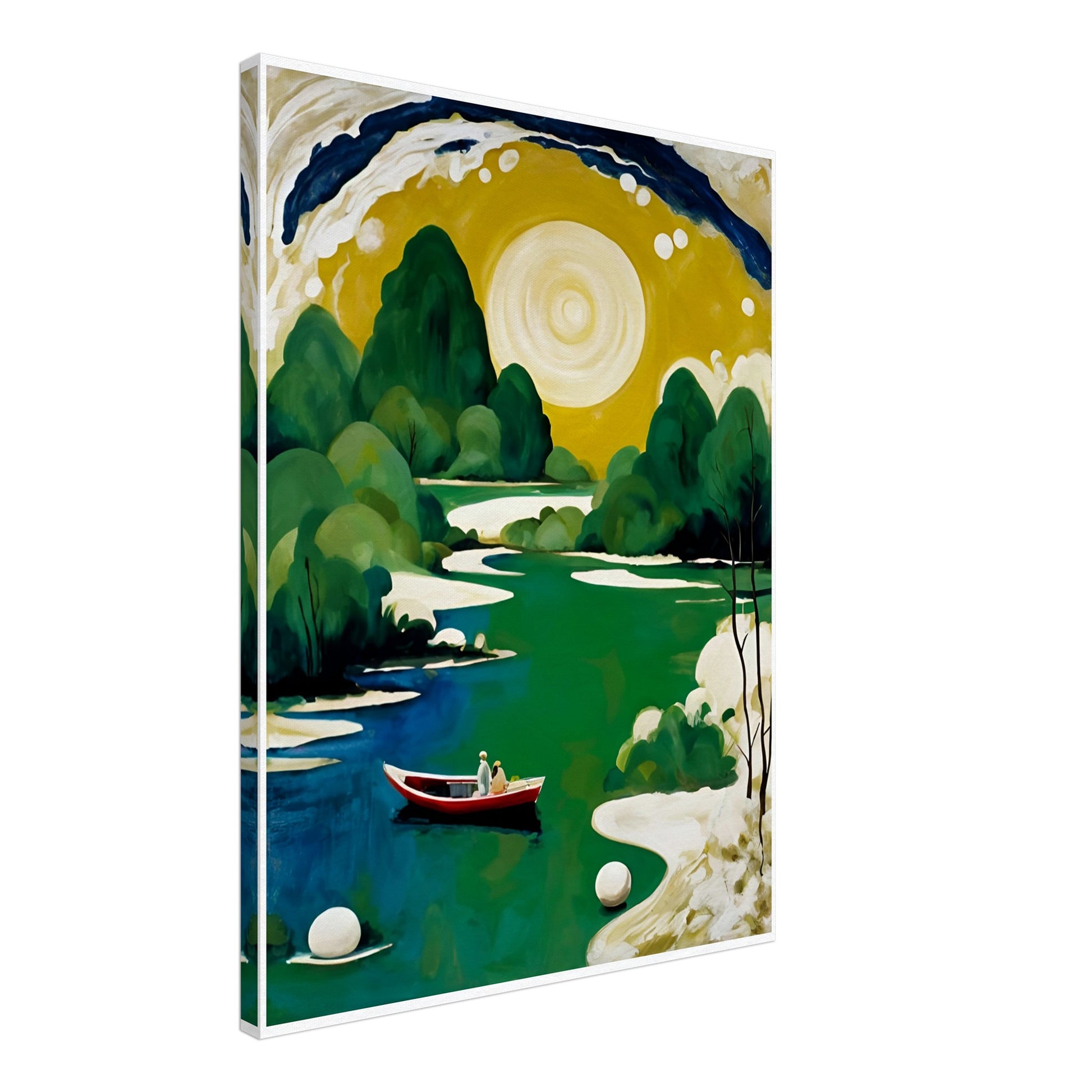 A peaceful river scene with a golden sun, lush green trees, and a small red boat carrying two figures, evoking serenity and wonder.