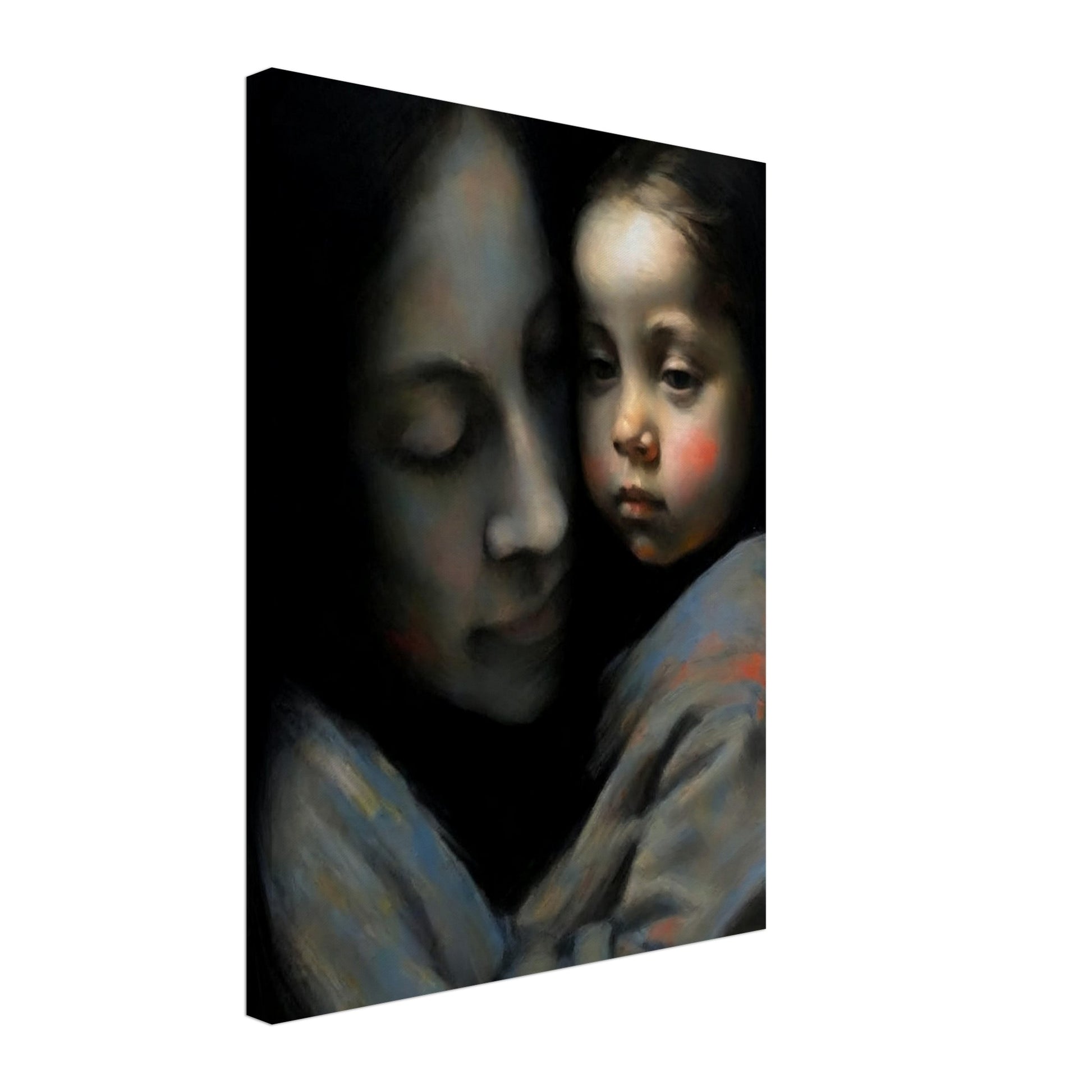 An evocative painting of a mother tenderly holding her child, both faces expressing deep affection and serenity.