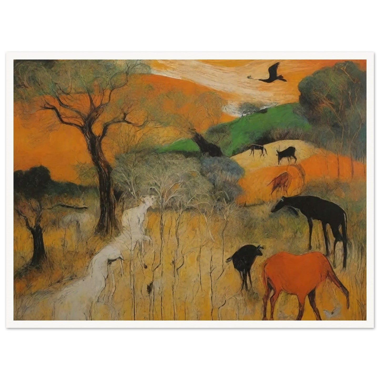 A vivid depiction of various wild animals grazing and roaming in a vibrant, colorful landscape with trees and open fields.