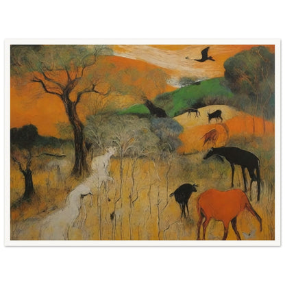 A vivid depiction of various wild animals grazing and roaming in a vibrant, colorful landscape with trees and open fields.