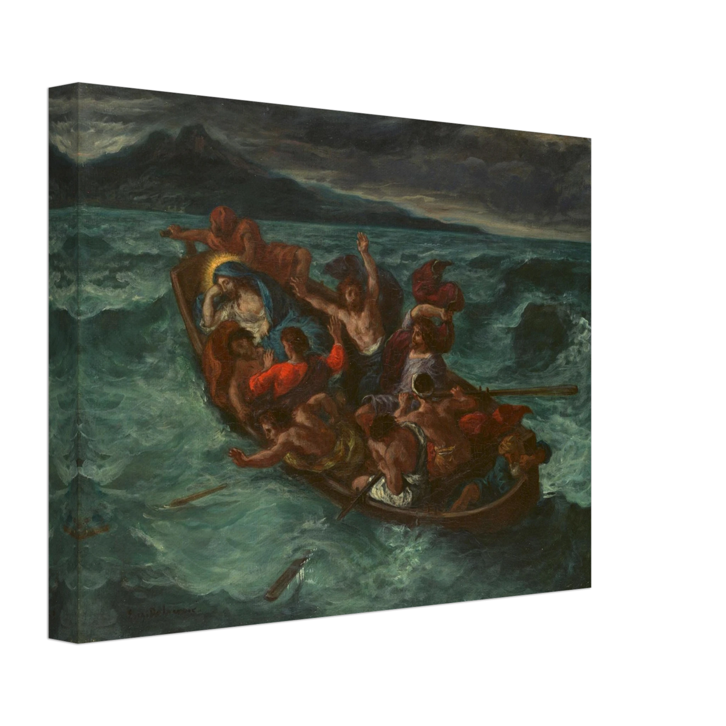 Christ sleeps in a crowded boat as terrified disciples struggle through a violent storm on a dark, churning sea.