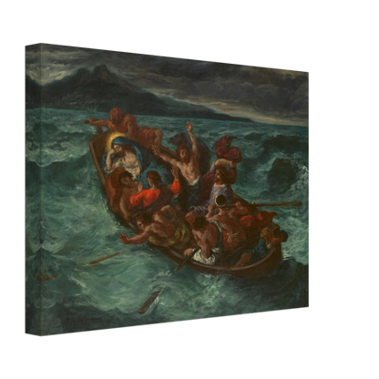 Christ sleeps in a crowded boat as terrified disciples struggle through a violent storm on a dark, churning sea.