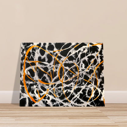 Dynamic black and white background with vibrant orange lines intertwining, creating an energetic and chaotic web of movement.