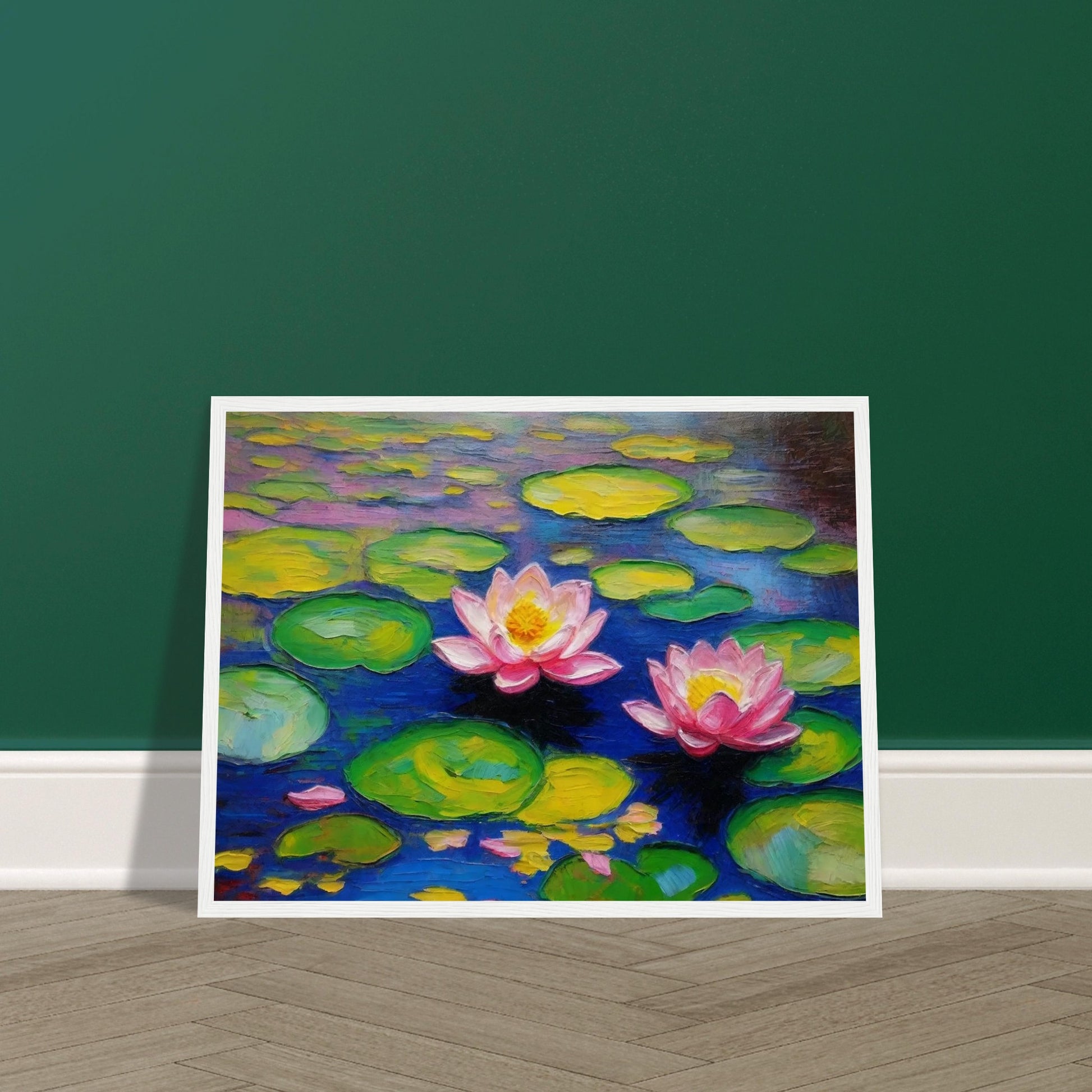 A vibrant painting of two pink water lilies floating among green lily pads on a serene blue pond.