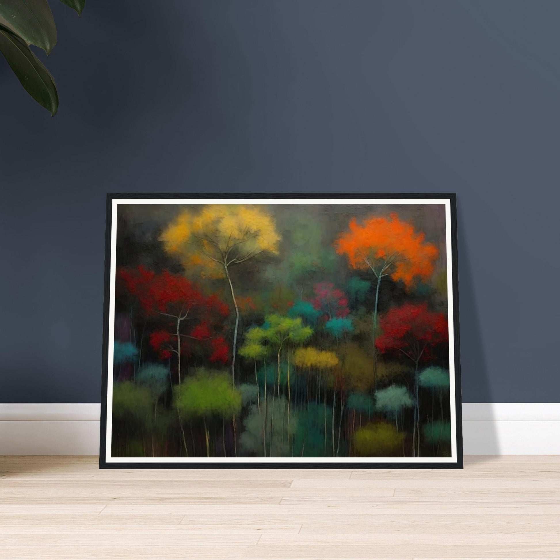 A mystical painting depicting a forest with trees in vibrant colors. The foliage is painted in shades of yellow, orange, red, green, and teal, against a dark and moody background, creating a surreal and dreamlike atmosphere.