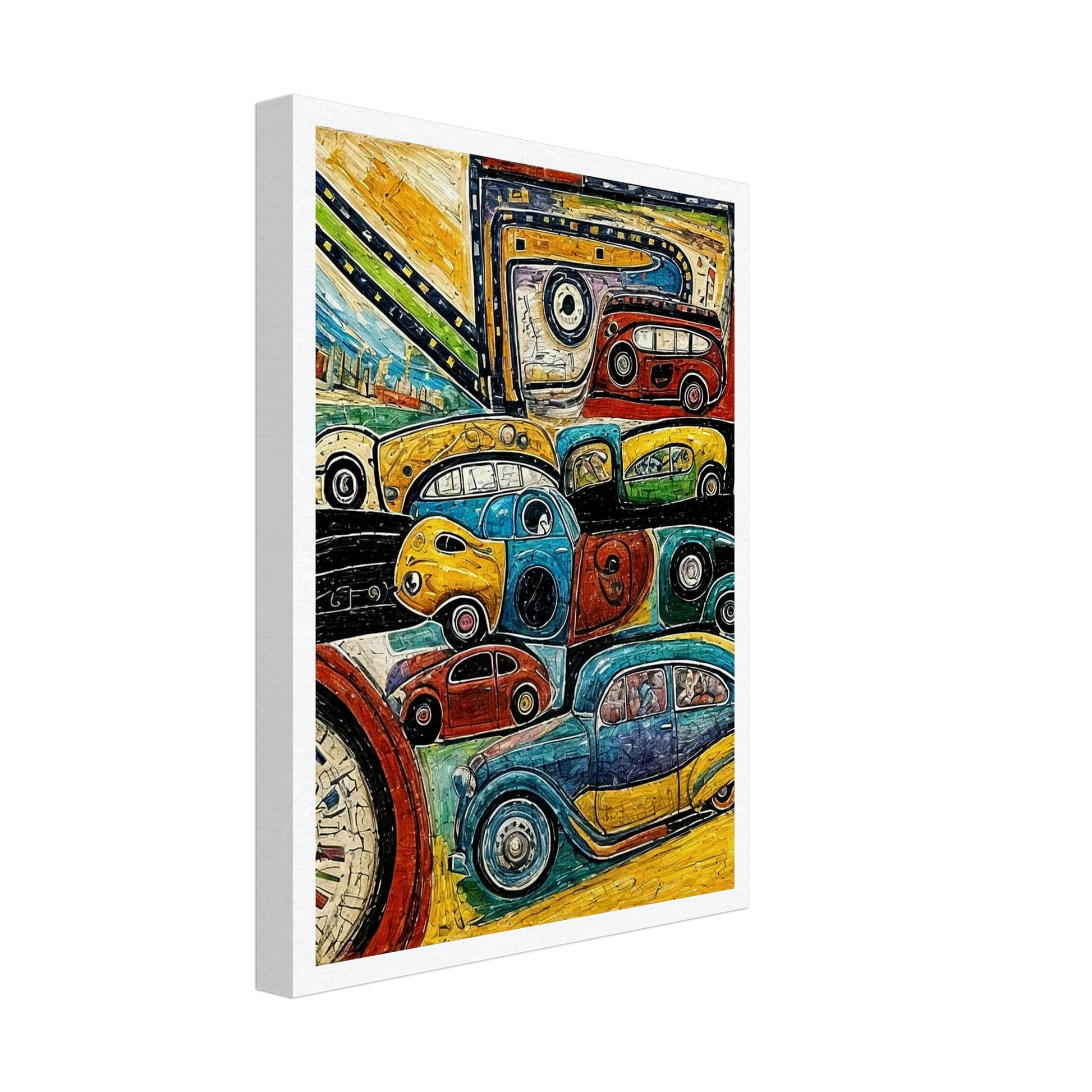 A lively artwork featuring vibrant, multi-colored vintage cars in various shapes and sizes on a winding road, showcasing a playful take on travel and motion.