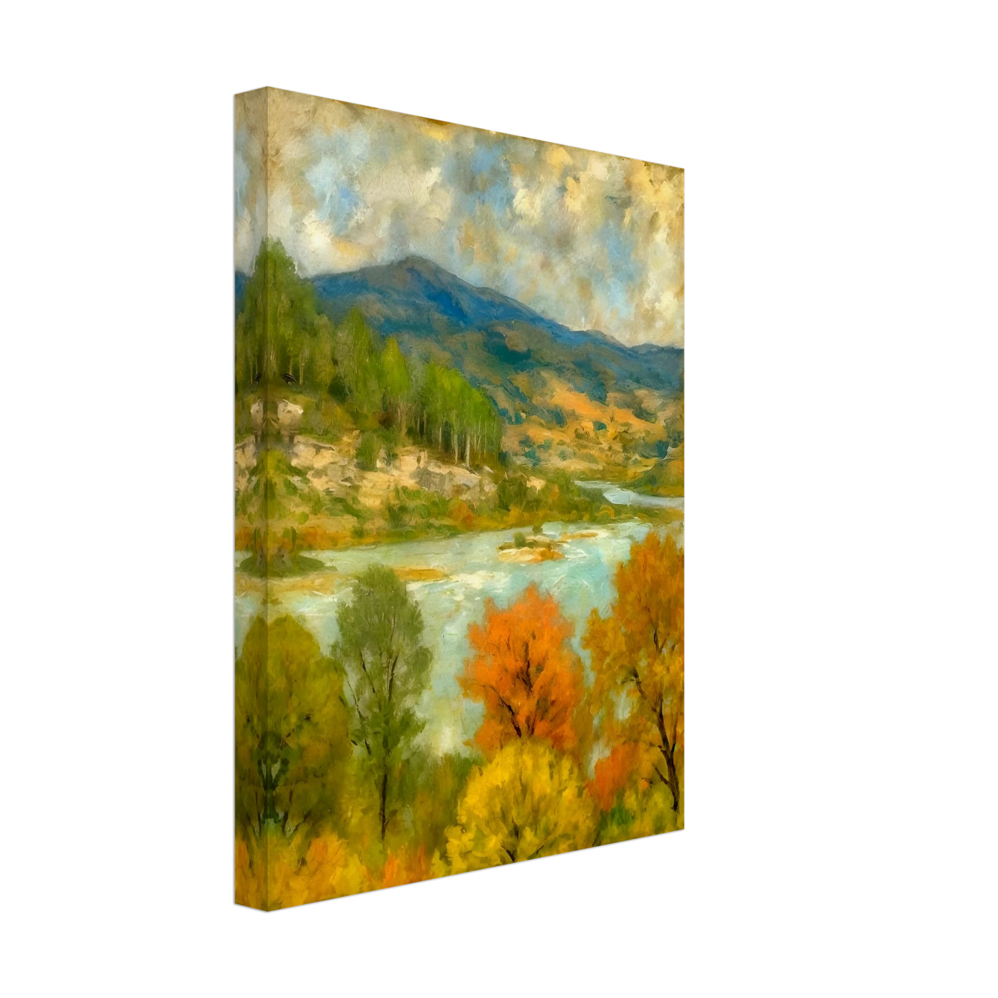 A serene river winds through a lush valley with colorful autumn trees and distant blue-green mountains.