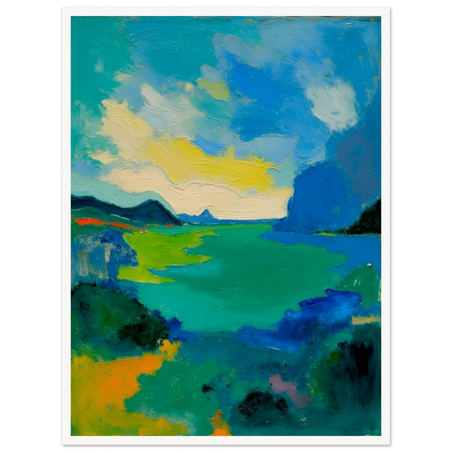 Vivid turquoise waters stretch beneath sweeping blue skies, framed by dark hills and glowing green shorelines.