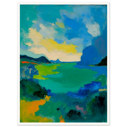 Vivid turquoise waters stretch beneath sweeping blue skies, framed by dark hills and glowing green shorelines.