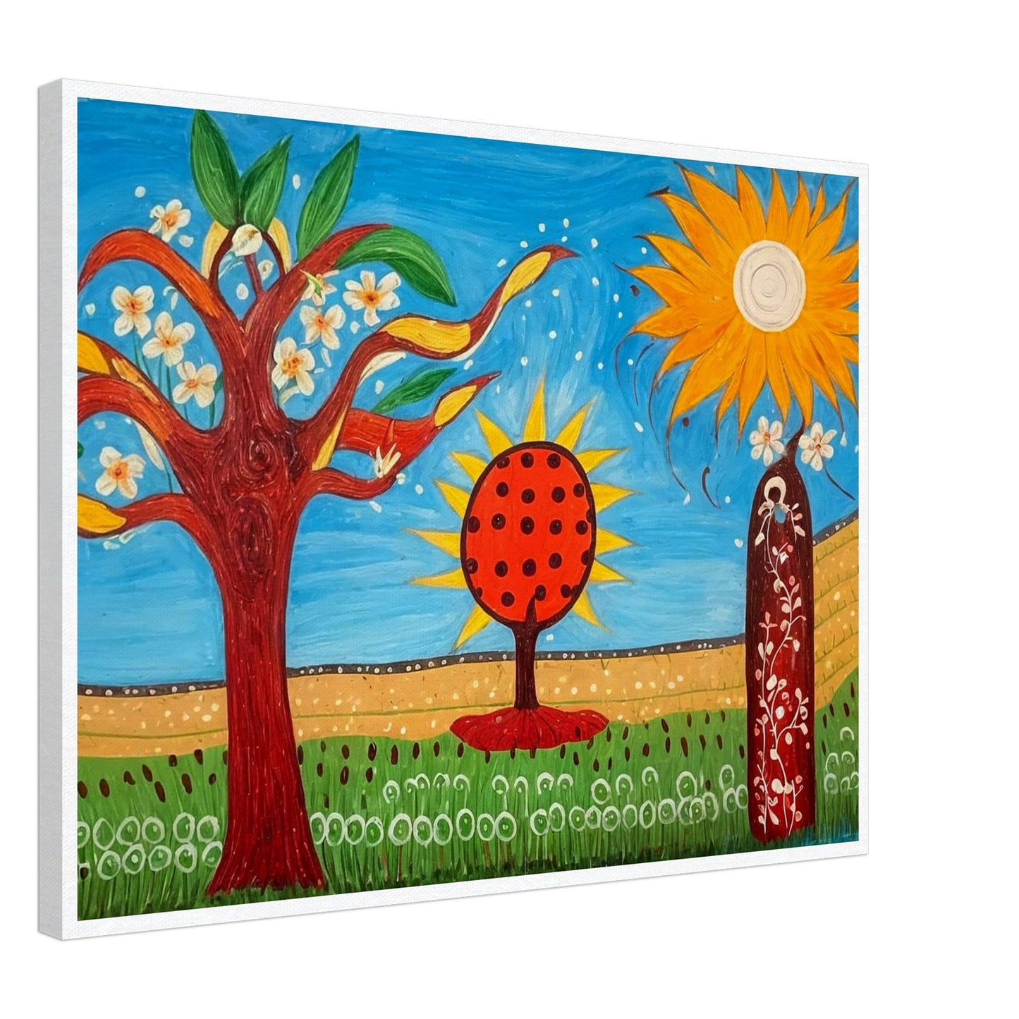 A whimsical, colorful landscape painting featuring blossoming trees, a bright orange tree with black dots, a large radiant sun, and a figure standing amidst flowers, evoking joy and fantasy.