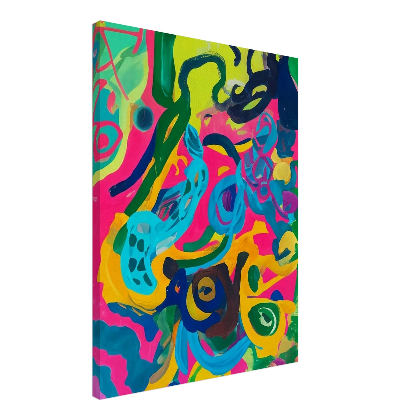 A vibrant abstract painting bursting with bright pink, green, blue, and yellow swirls, creating a lively and energetic composition.