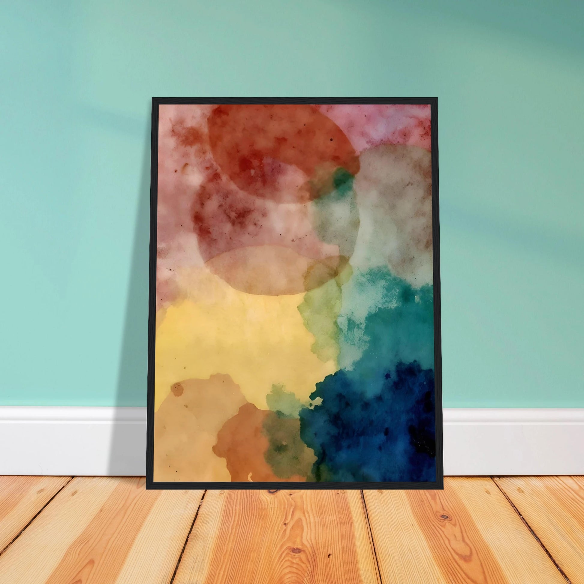 An abstract watercolor composition featuring overlapping translucent shapes in soft pink, yellow, teal, blue, and earth tones, creating a dreamy and atmospheric visual balance.