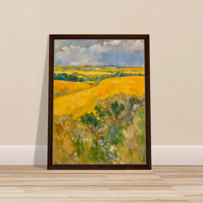 Golden fields stretch across rolling hills under a blue and cloudy sky, with trees dotting the lush summer landscape.