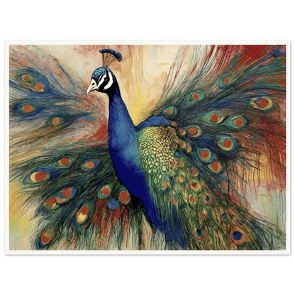 "A stunning painting of a vibrant peacock with its colorful feathers fully fanned out, showcasing rich blues, greens, and intricate eye-like patterns."