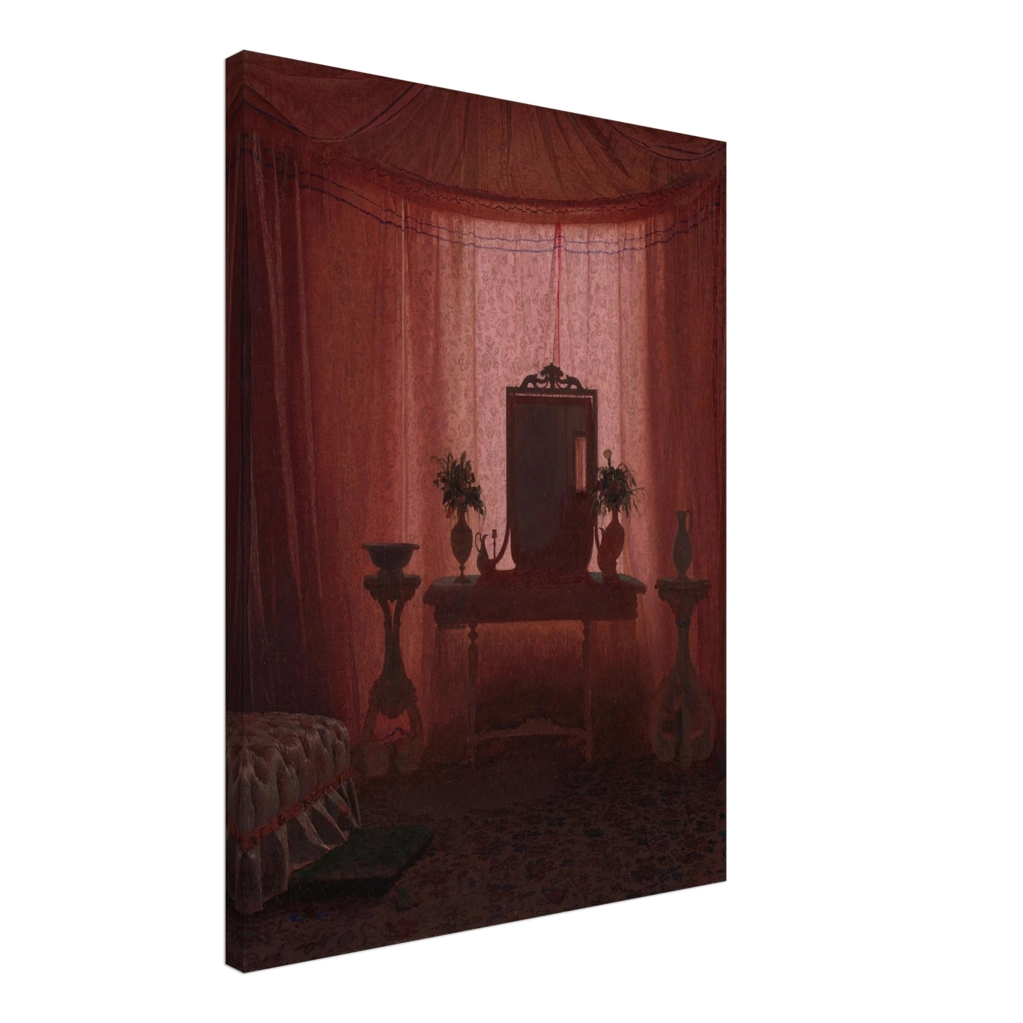 A softly lit bedroom glows through pink drapery, framing a mirror, flower vases, elegant furniture, and part of a bed.