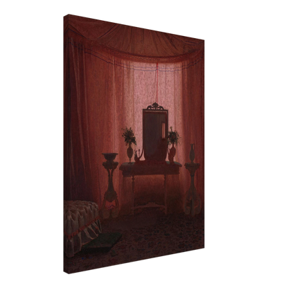 A softly lit bedroom glows through pink drapery, framing a mirror, flower vases, elegant furniture, and part of a bed.