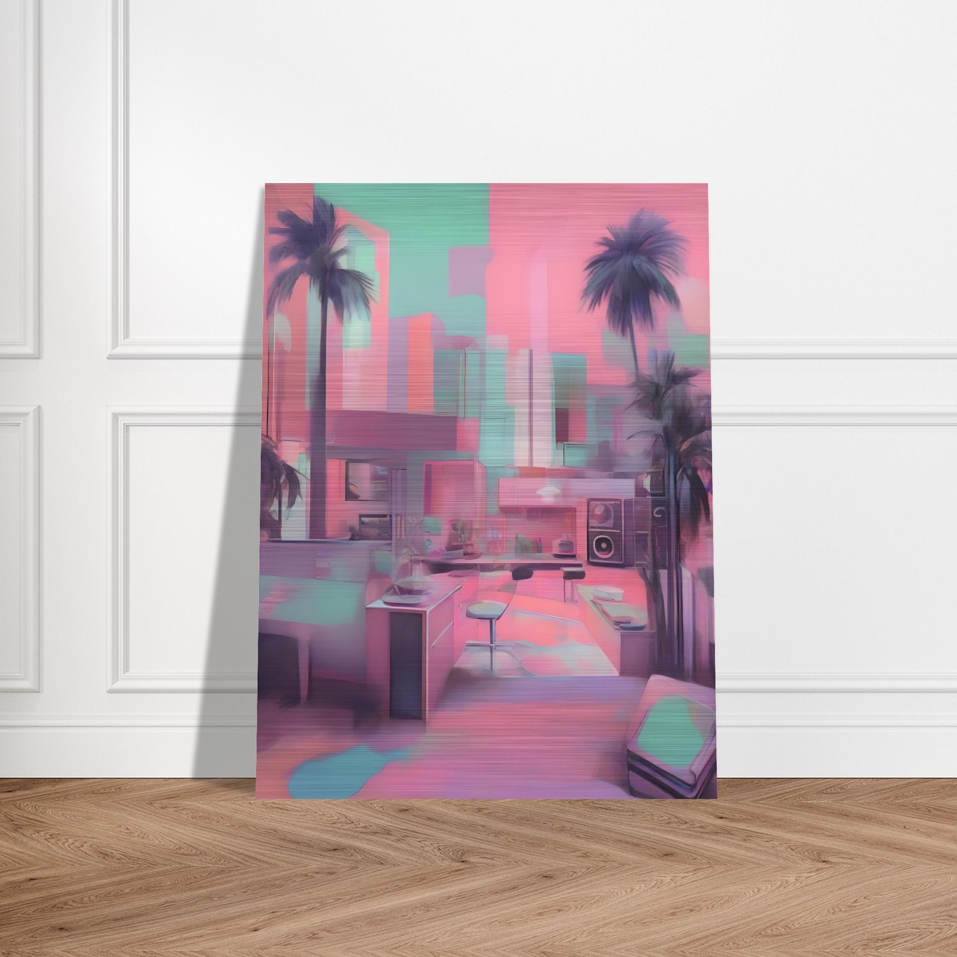 A pastel-toned interior with palm trees and modern furniture, blending dreamy pink, teal, and purple hues in a surreal cityscape.