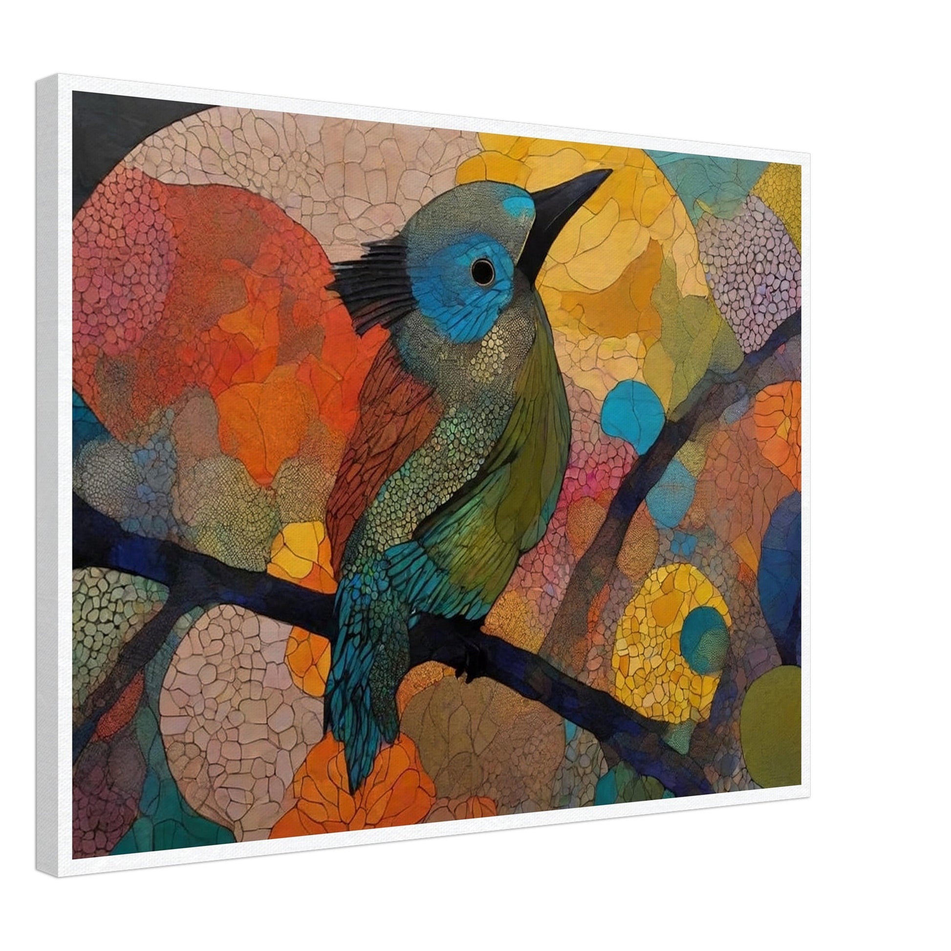 "A stunning painting of a bird perched on a branch, filled with vibrant hues of blue, green, and orange, surrounded by abstract, colorful patterns in the background."