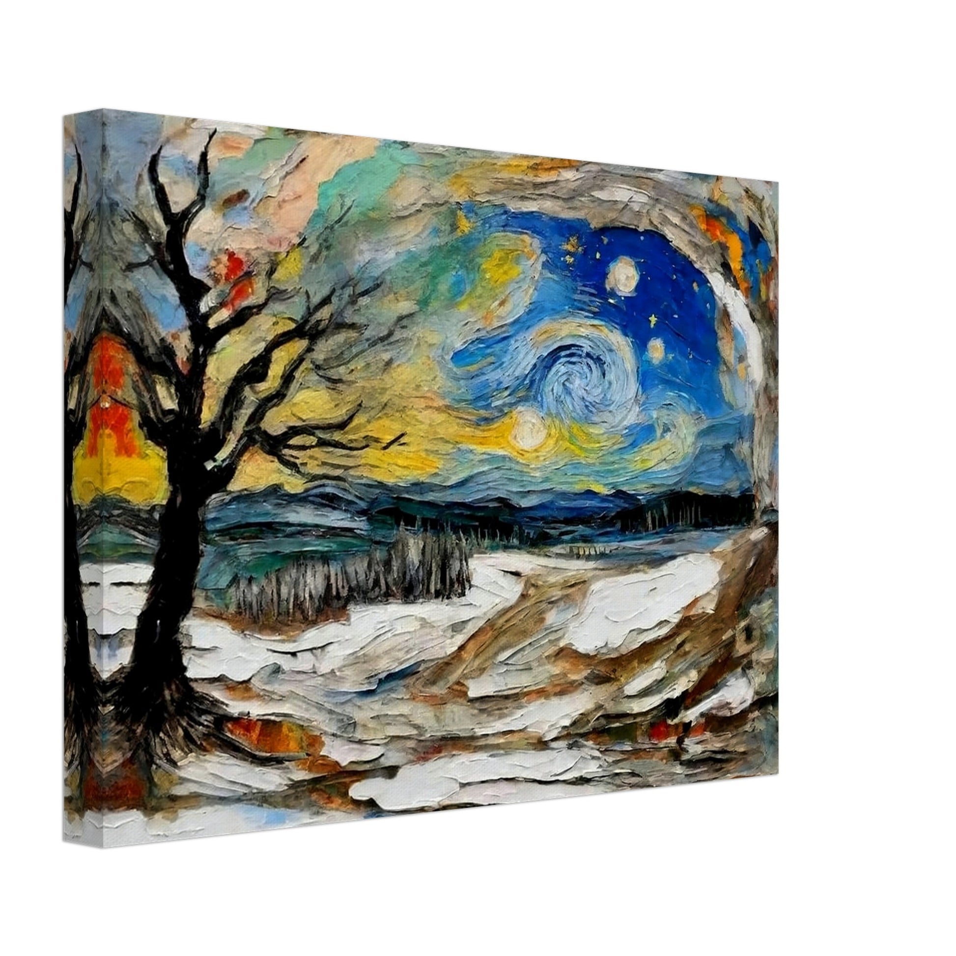 Vibrant painting of a night landscape with swirling stars, a bare tree, snowy ground, and dynamic colors evoking motion and energy