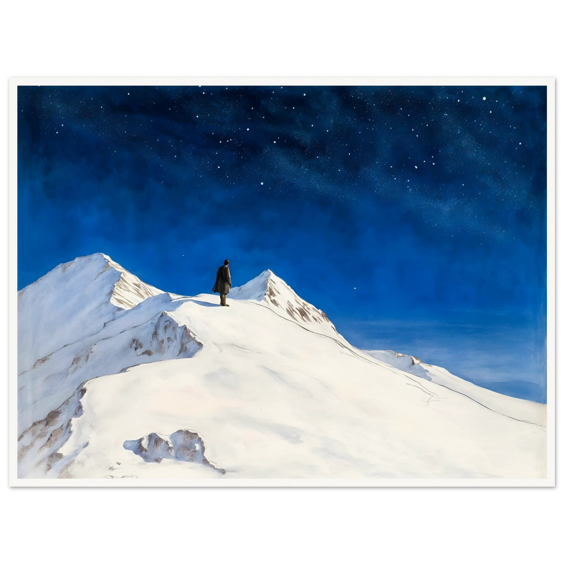 Solitary figure stands atop snowy mountain peaks beneath a vast starlit sky, evoking wonder, silence, and the grandeur of night.