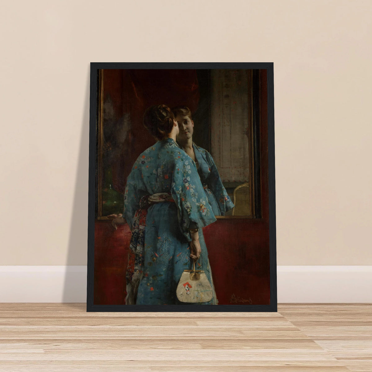Woman in a blue floral kimono faces a mirror, holding a fan against a dark red interior.
