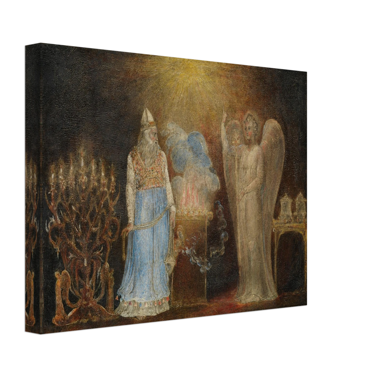 Angel appears before Zacharias in a glowing biblical temple scene by William Blake