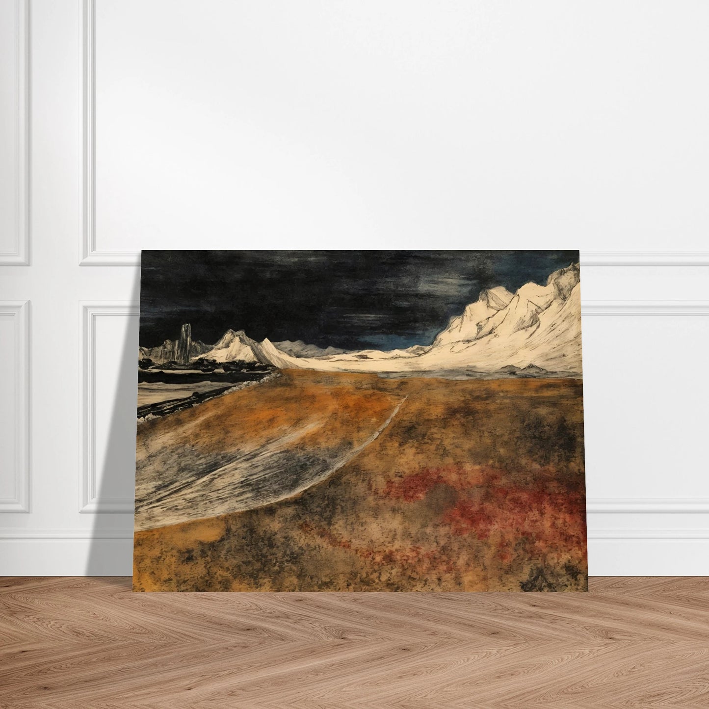 A dramatic landscape of snow-covered mountains under a dark sky, overlooking a vast brown tundra plain with icy ridges and distant peaks.