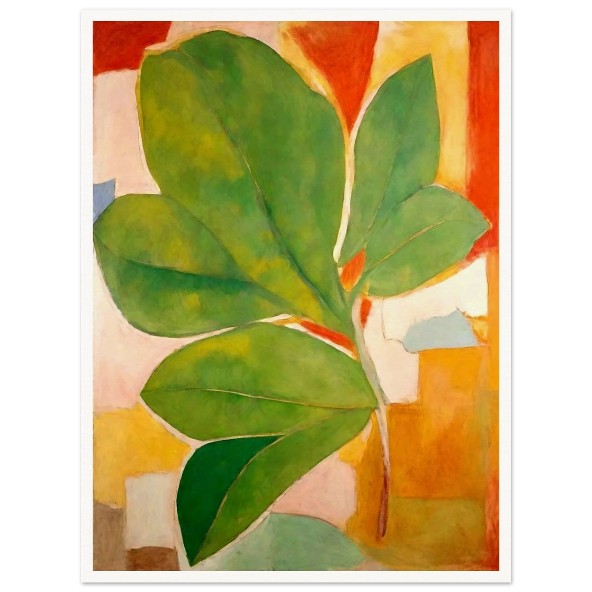 A large green leaf stands out against a background of abstract shapes in warm hues of orange, red, and beige, creating a striking composition of color and form.