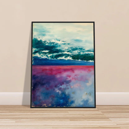 Teal ocean waves roll beneath a pale sky, with pink and blue reflections glowing below.