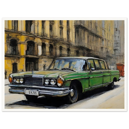 A striking painting of a green vintage car parked on a city street, surrounded by historic yellow buildings with intricate details.