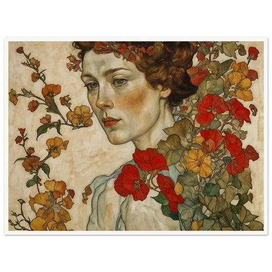 A portrait of a woman surrounded by vibrant flowers, capturing her serene expression and the delicate beauty of nature.