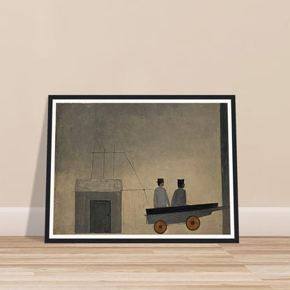 A minimalistic painting depicting two figures in a cart with orange wheels, set against a muted, textured background, creating a sense of mystery.