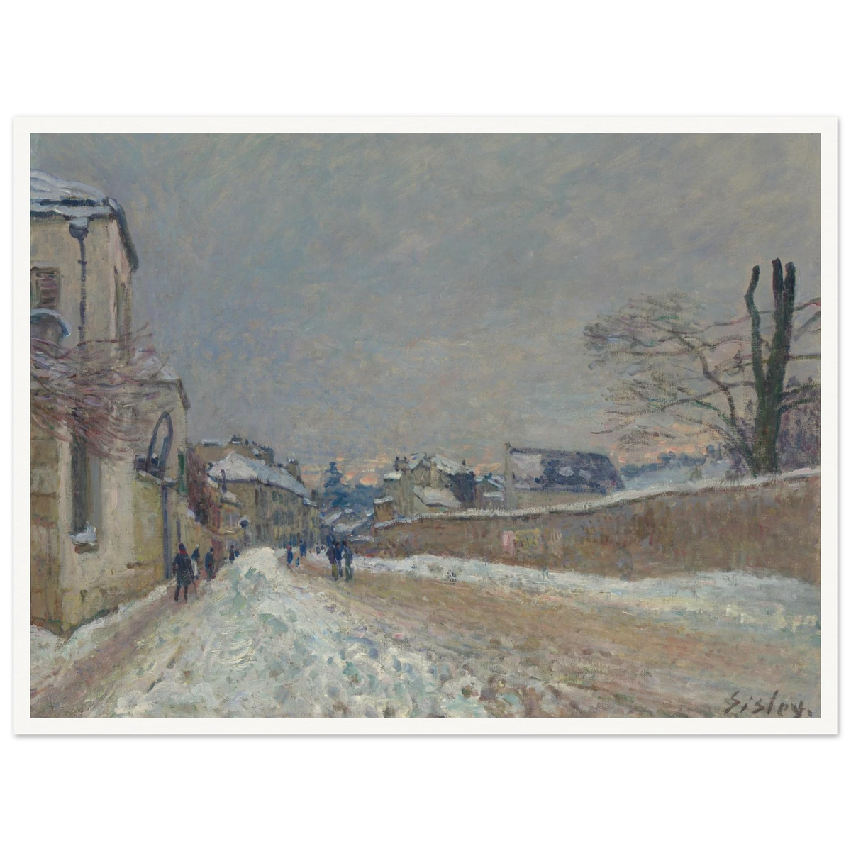 A snowy village road with figures, houses, bare trees, and soft gray winter sky.
