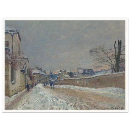A snowy village road with figures, houses, bare trees, and soft gray winter sky.
