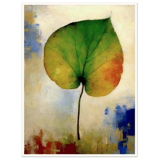 A single leaf showing a gradient from green to orange, standing against a softly textured background with hints of blue and red, symbolizing seasonal change.