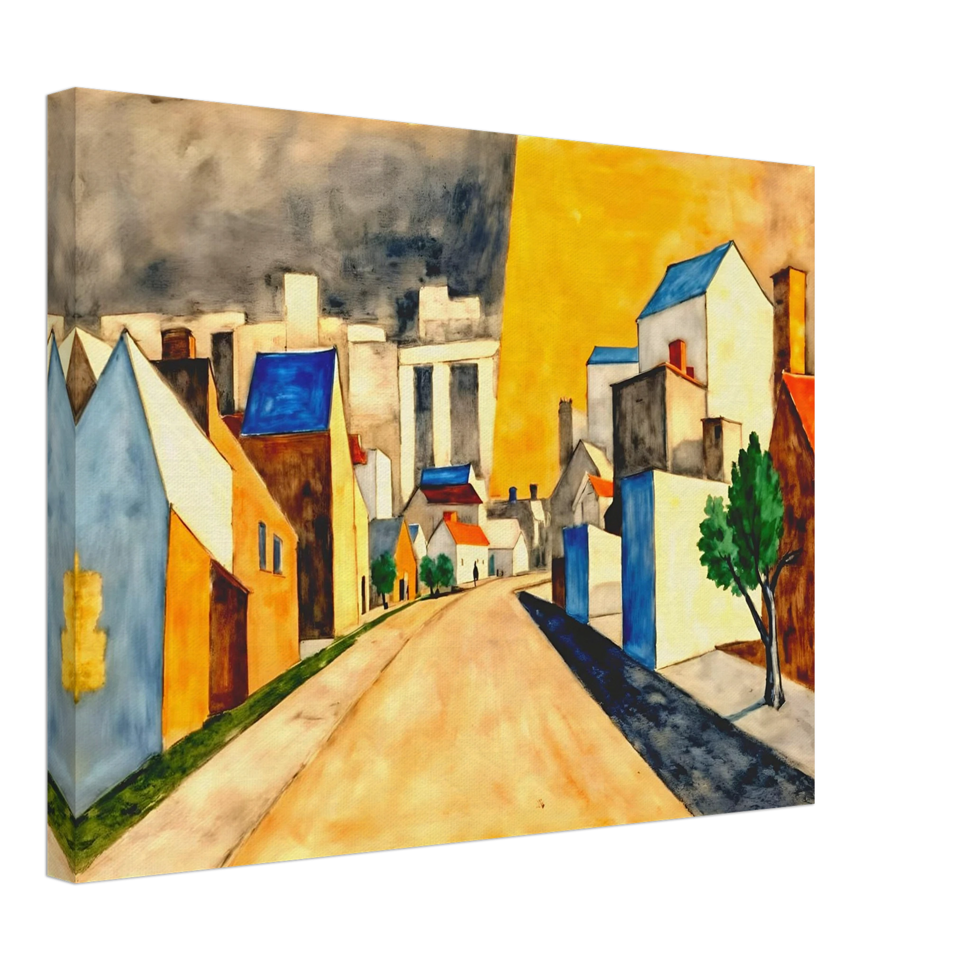 An expressionist townscape featuring a winding street lined with white and golden buildings, vivid blue rooftops, green trees, and a dramatic yellow sky contrasted by dark clouds.