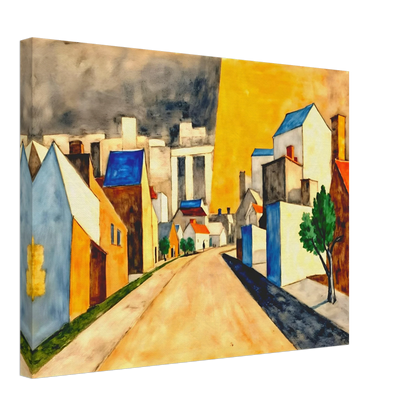 An expressionist townscape featuring a winding street lined with white and golden buildings, vivid blue rooftops, green trees, and a dramatic yellow sky contrasted by dark clouds.