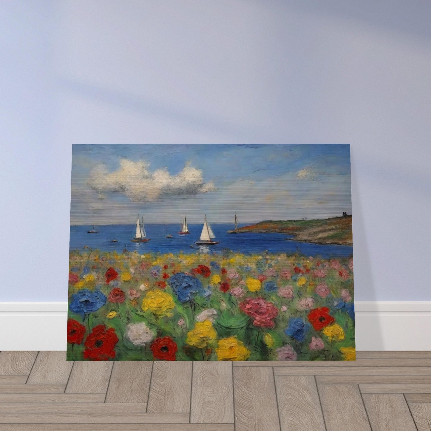 A vibrant painting of colorful flowers in the foreground with sailboats on the calm sea and a scenic coastline in the background.