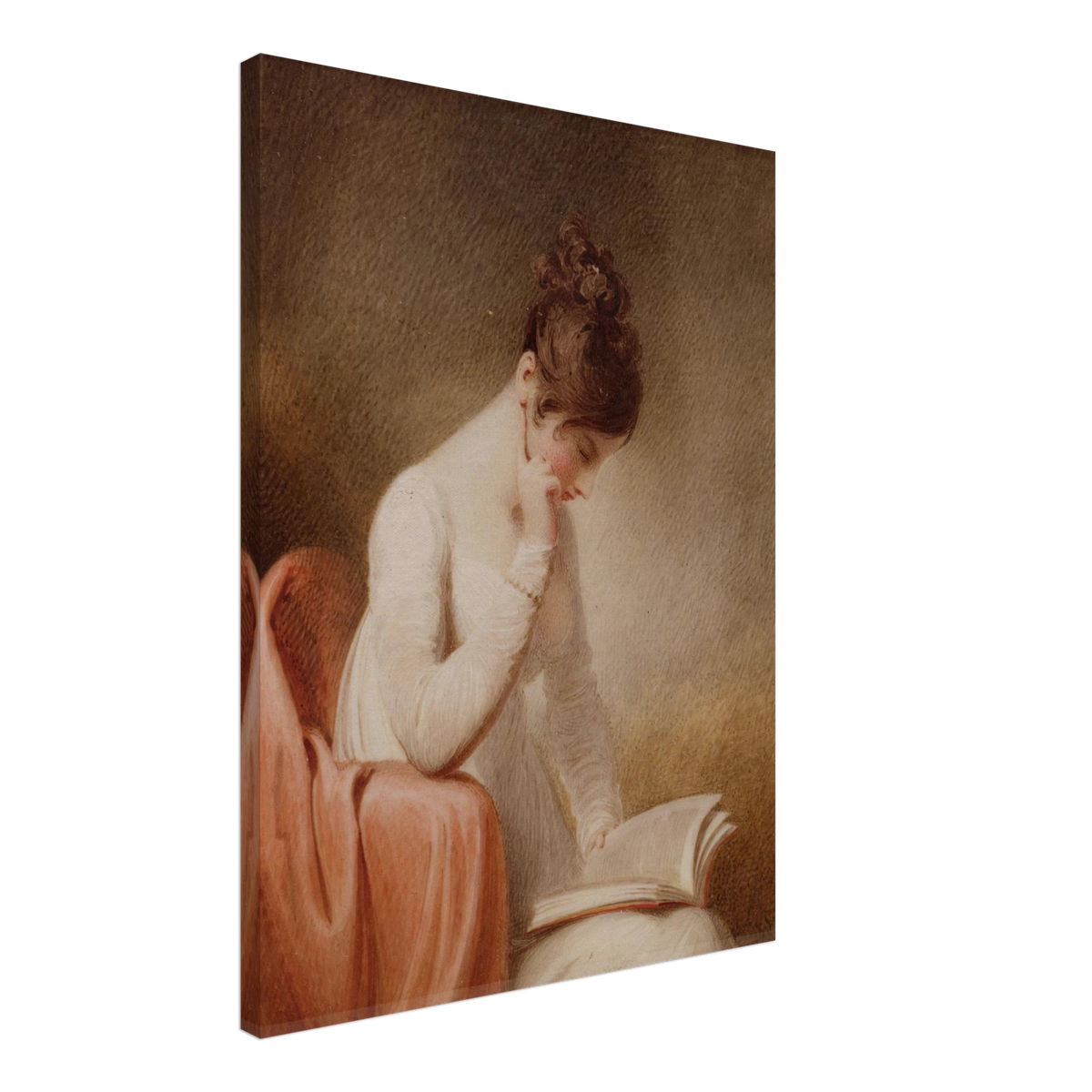 A young woman in a white dress rests her cheek on her hand while reading an open book beside a red chair.