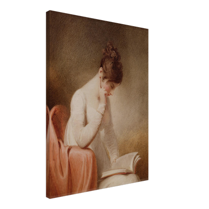 A young woman in a white dress rests her cheek on her hand while reading an open book beside a red chair.
