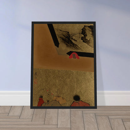 Three men view a framed lacquer drawing on gold paper in a Japanese album leaf