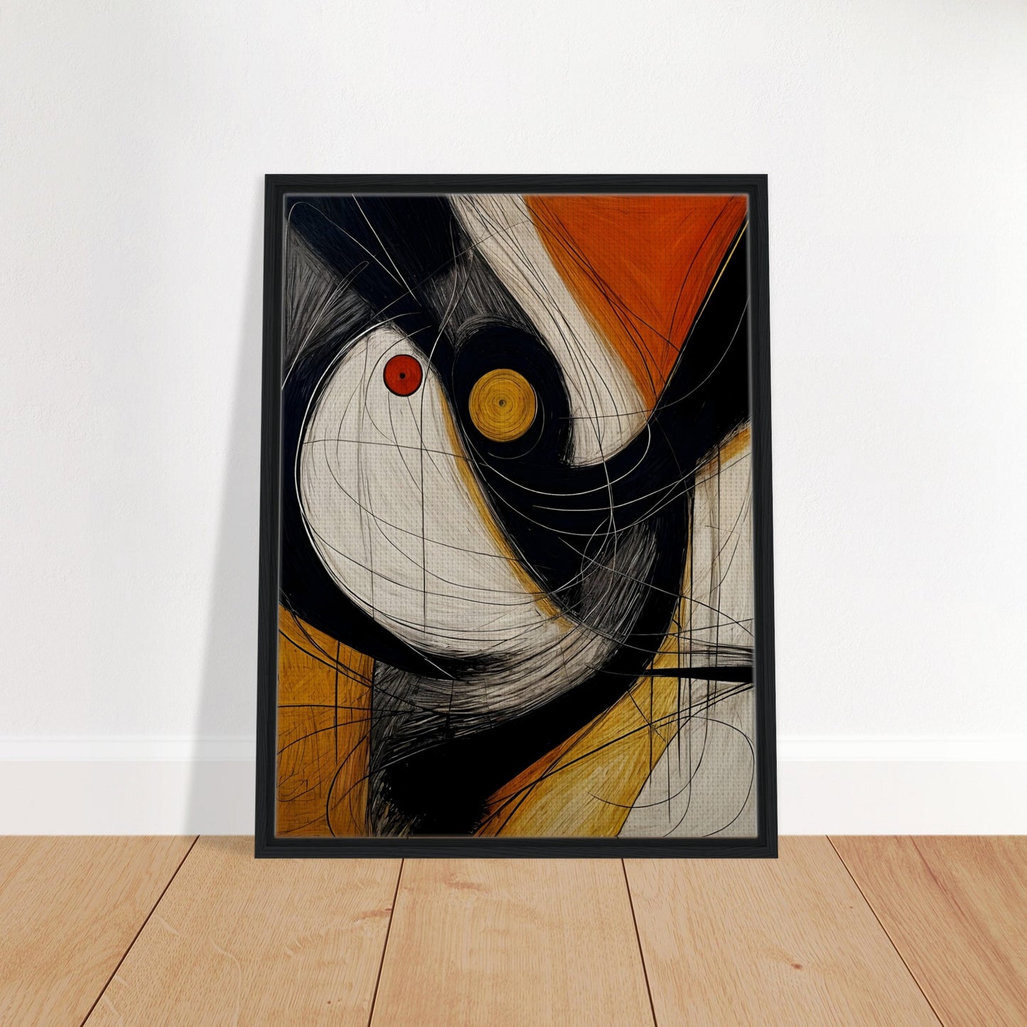 An abstract artwork featuring bold black, white, and orange shapes with dynamic, swirling lines and circular accents in red and yellow.