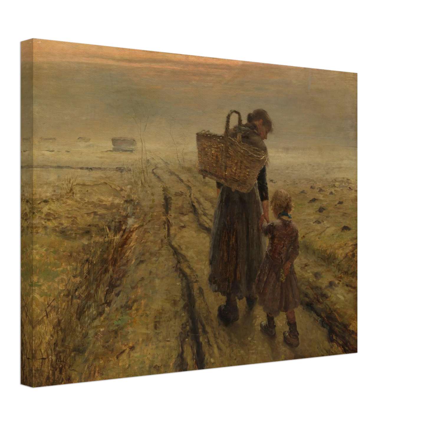 Mother and child walk a misty country path at dusk, with a woven basket and muted earth tones.