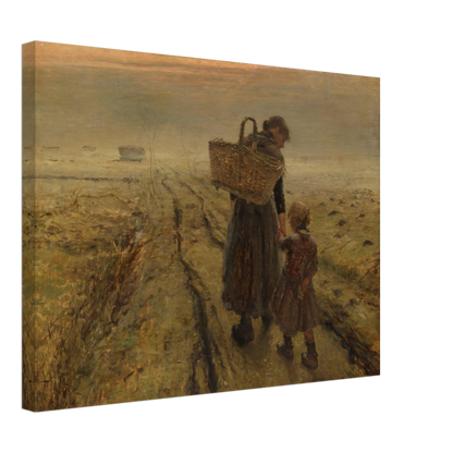 Mother and child walk a misty country path at dusk, with a woven basket and muted earth tones.