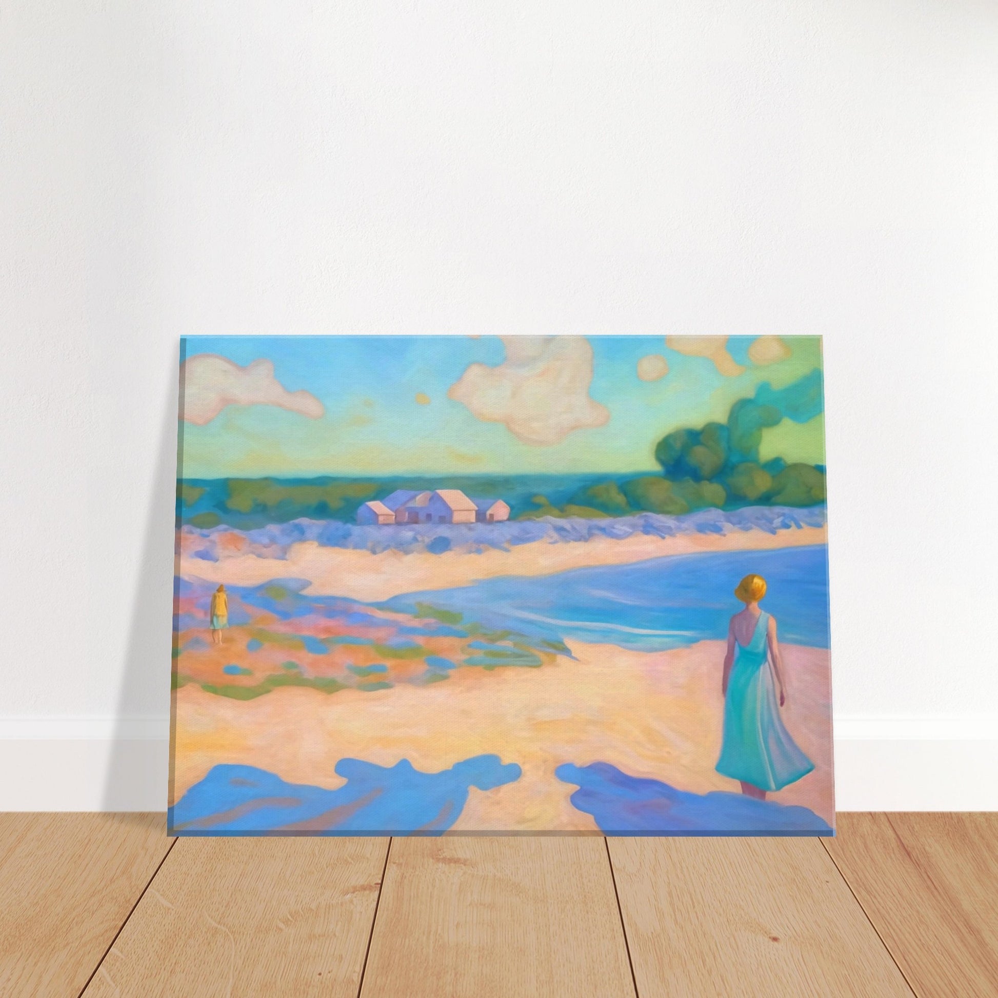 A serene coastal scene with a woman in a flowing dress walking along the beach, pastel hues creating a peaceful atmosphere.