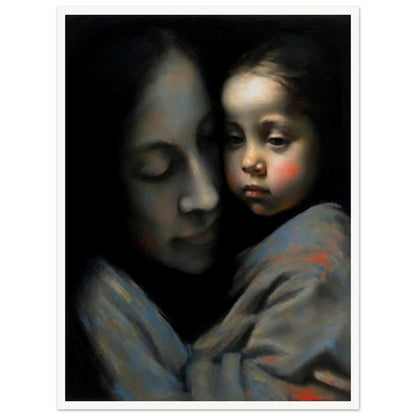 An evocative painting of a mother tenderly holding her child, both faces expressing deep affection and serenity.